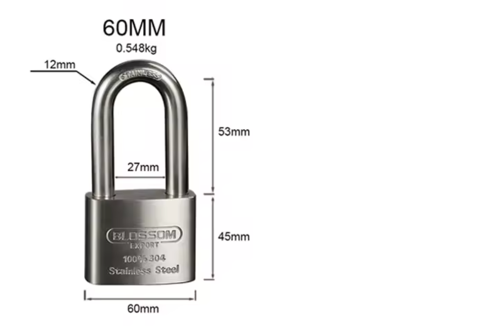 BLOSSOM HEAVY DUTY STAINLESS STEEL PADLOCK, LONG SHACKLE, ST45L