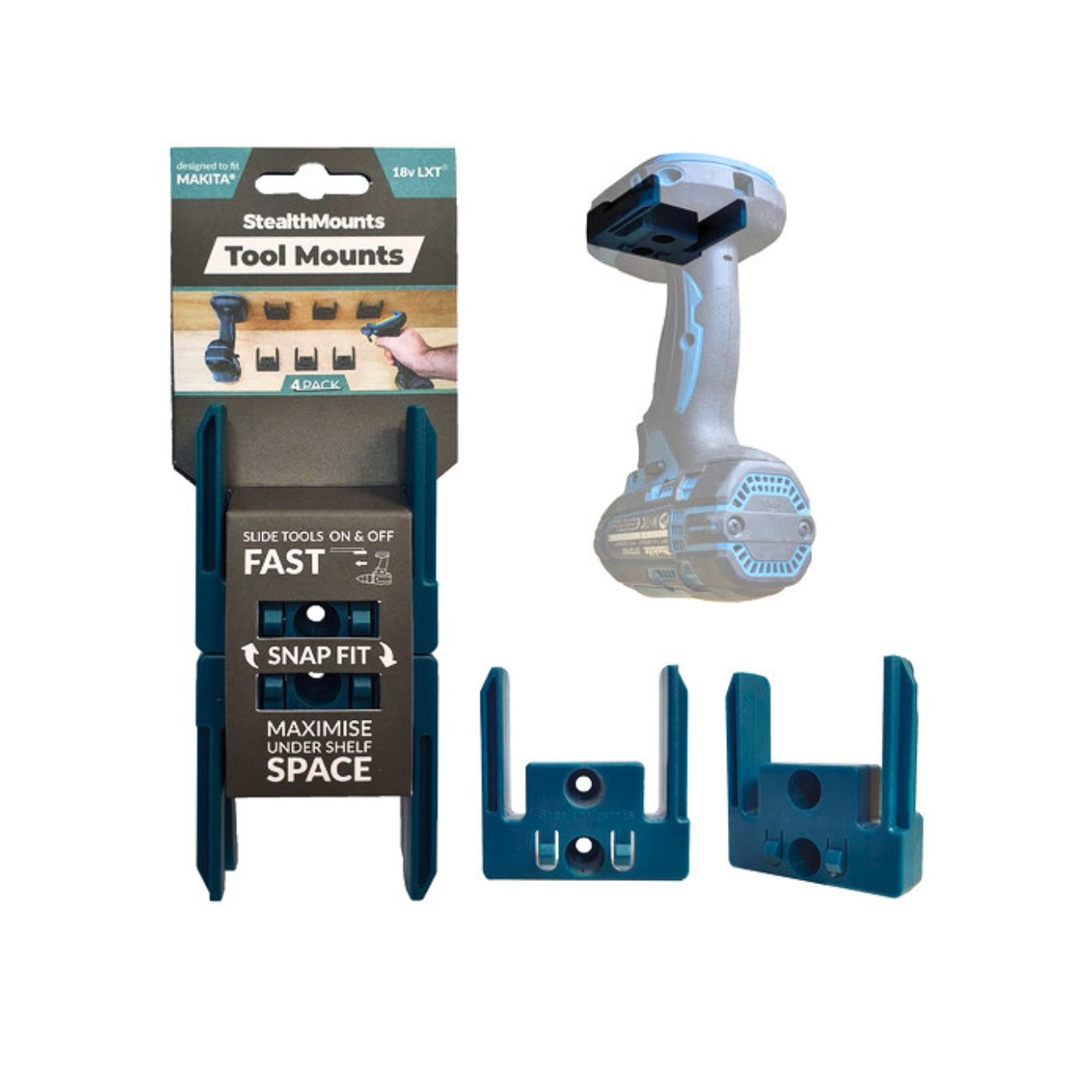 StealthMounts Tool Mounts for Makita 18V LXT Series [SKU: TM-MK18-BLU-4LF] Main image