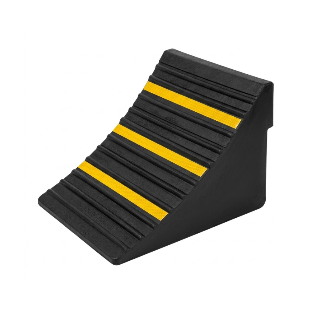 RUBBER WHEEL CHOKE 250MM X 170MM X 180MM BLACK WITH YELLOW REFLECTIVE WHEEL CHOCK
