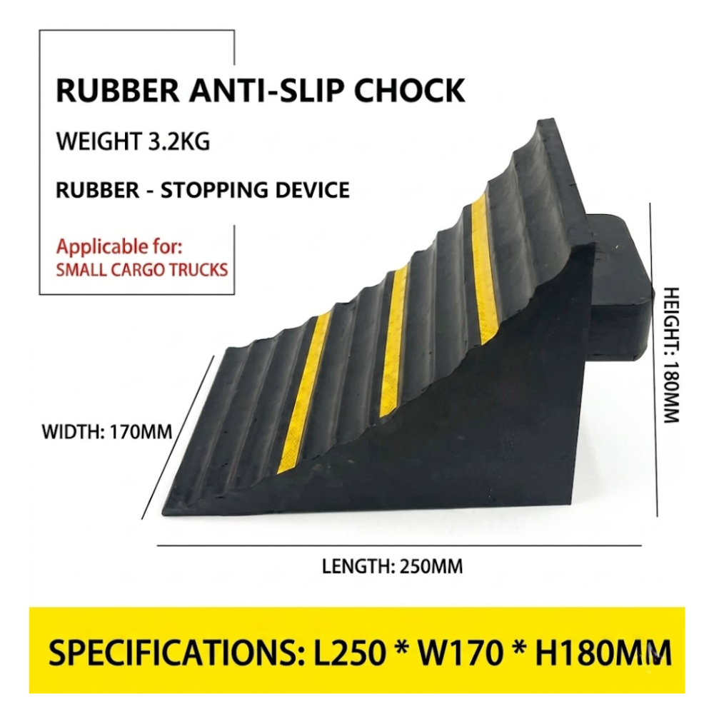 RUBBER WHEEL CHOKE 250MM X 170MM X 180MM BLACK WITH YELLOW REFLECTIVE WHEEL CHOCK Secondary image