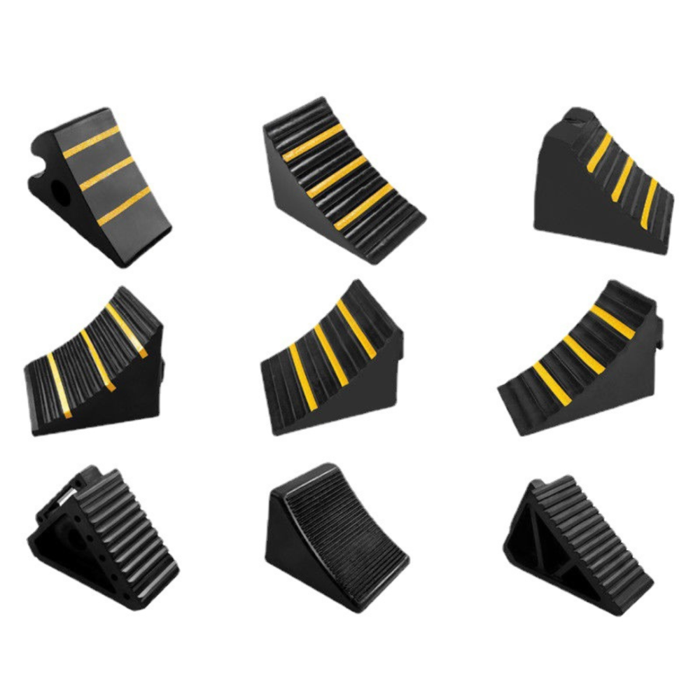 RUBBER WHEEL CHOKE 250MM X 170MM X 180MM BLACK WITH YELLOW REFLECTIVE WHEEL CHOCK