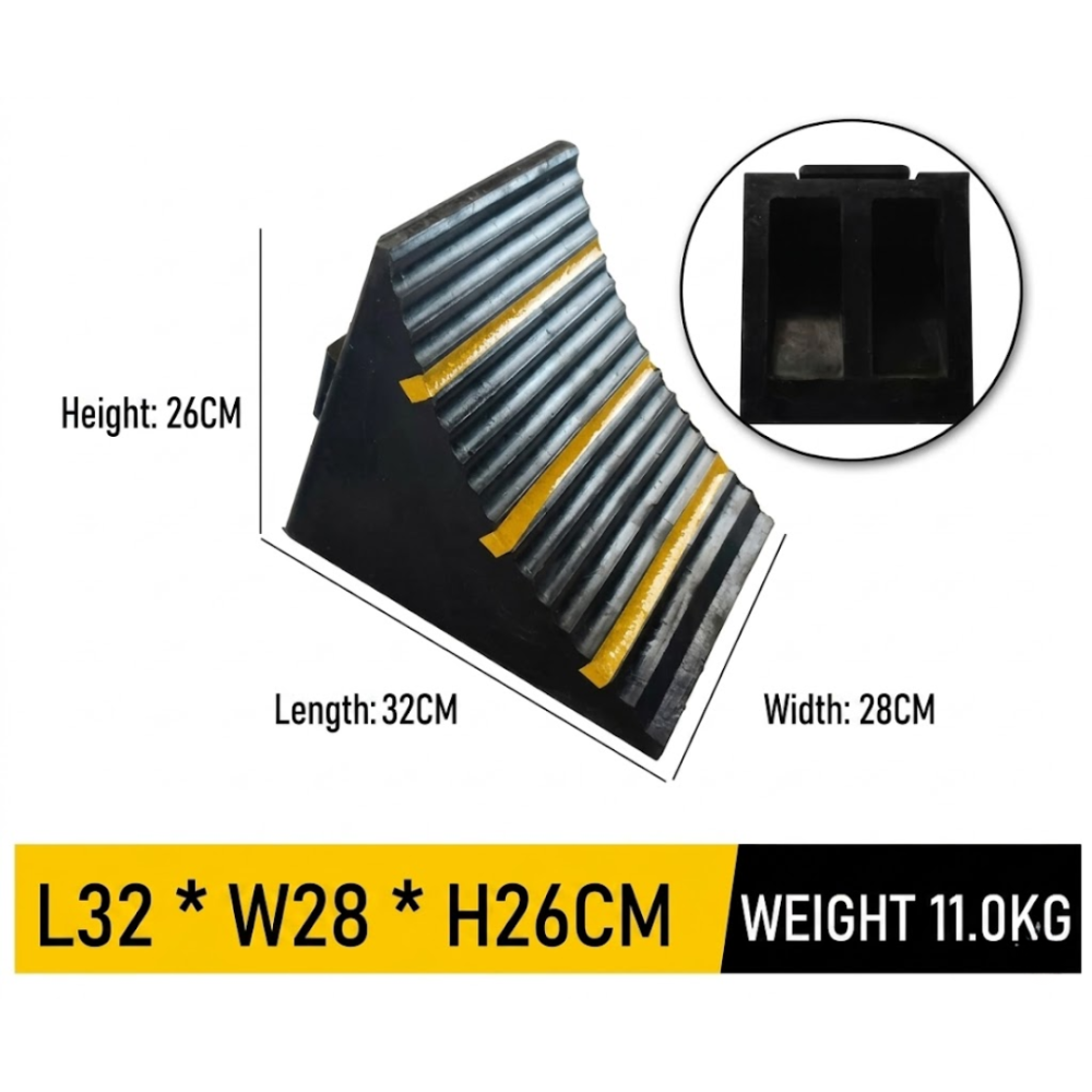H/D RUBBER WHEEL CHOKE FOR TRAILER 320MM X 280MM X 260MM BLACK WITH YELLOW REFLECTIVE WHEEL CHOCK