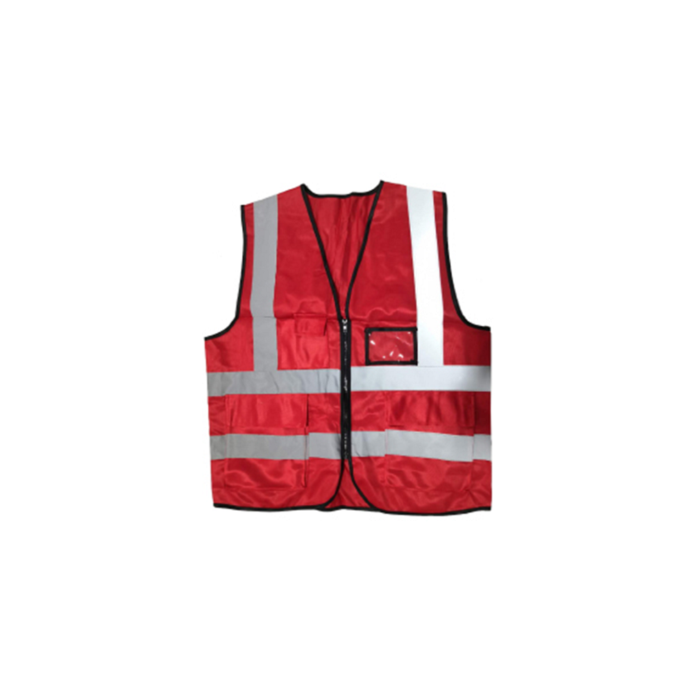 ZIP TYPE RED SAFETY VEST W GREY REFLECTIVE, POCKET & NAME TAG Main image