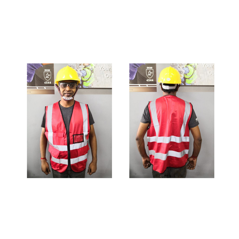 ZIP TYPE RED SAFETY VEST W GREY REFLECTIVE, POCKET & NAME TAG Secondary image