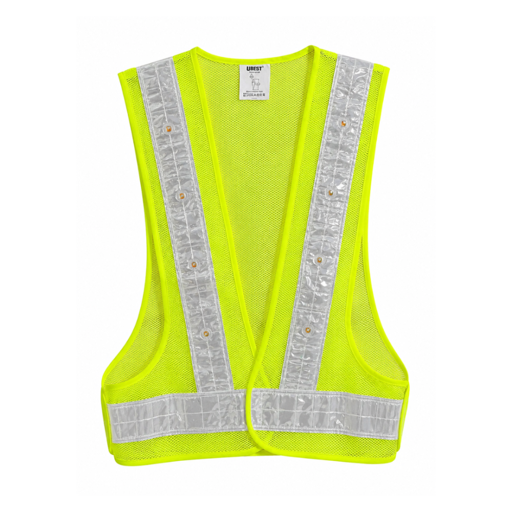 U-BEST TRAFFIC CONTROLLER GREEN SAFETY VEST WITH LED LIGHTS & GREY REFLECTIVE STRIP