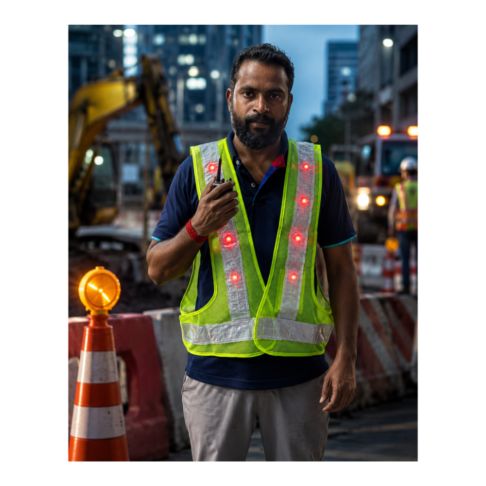 U-BEST TRAFFIC CONTROLLER GREEN SAFETY VEST WITH LED LIGHTS & GREY REFLECTIVE STRIP