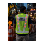U-BEST TRAFFIC CONTROLLER GREEN SAFETY VEST WITH LED LIGHTS & GREY REFLECTIVE STRIP