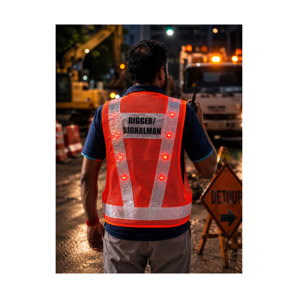 U-BEST RIGGER/SIGNALMAN RED SAFETY VEST WITH LED LIGHTS & GREY REFLECTIVE STRIP
