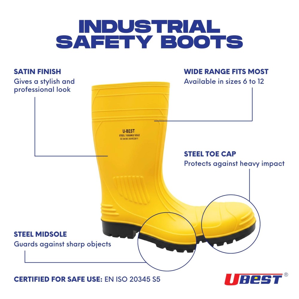 U-BEST PVC INDUSTRIAL SAFETY BOOTS (SATIN FINISHING) WITH STEEL TOE CAP & MID SOLE MATTE