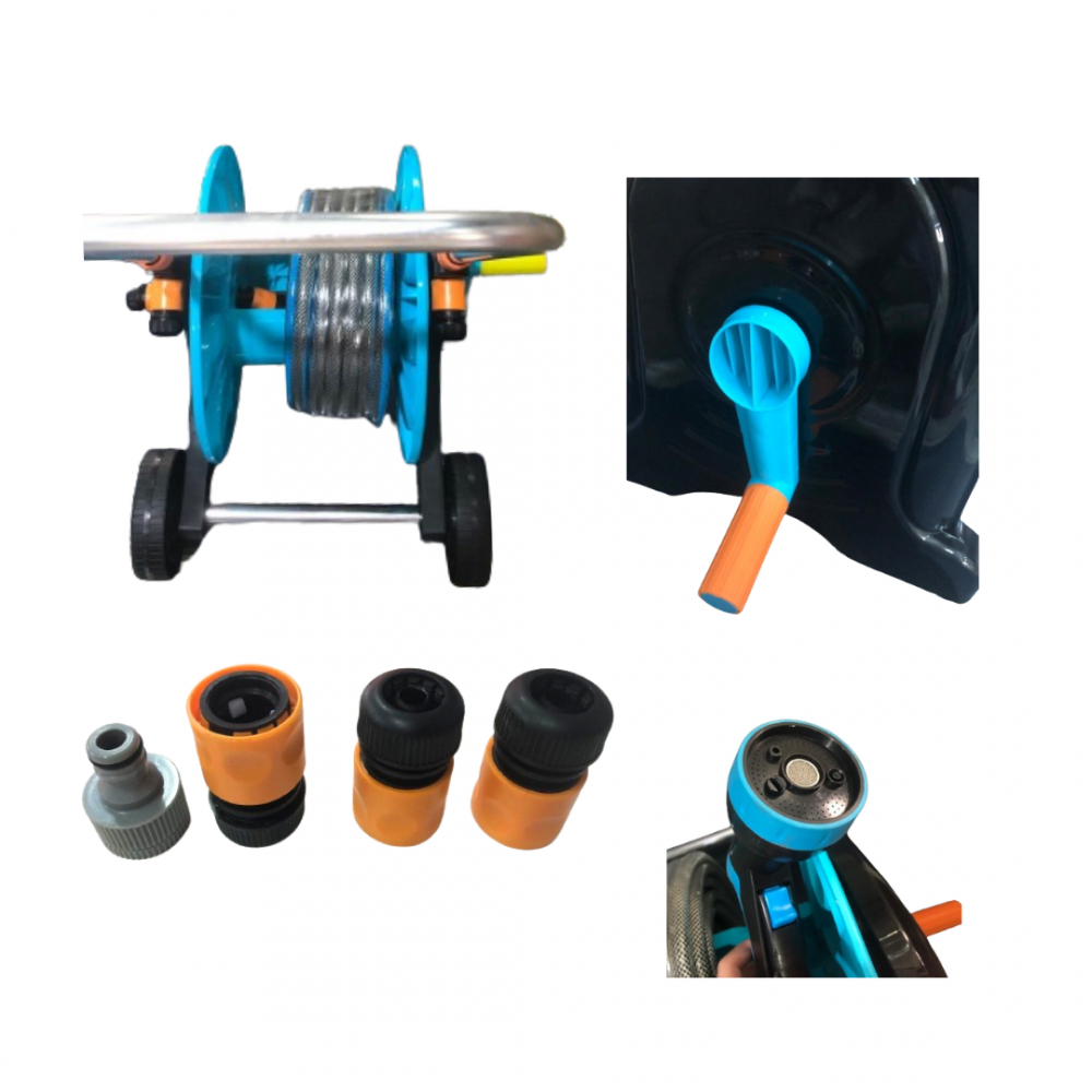 U-BEST GARDEN HOSE REEL WITH WHEELS COMES WITH 20M HOSE, HOSE GUN, 4PC NOZZLE SET HIGH STAND