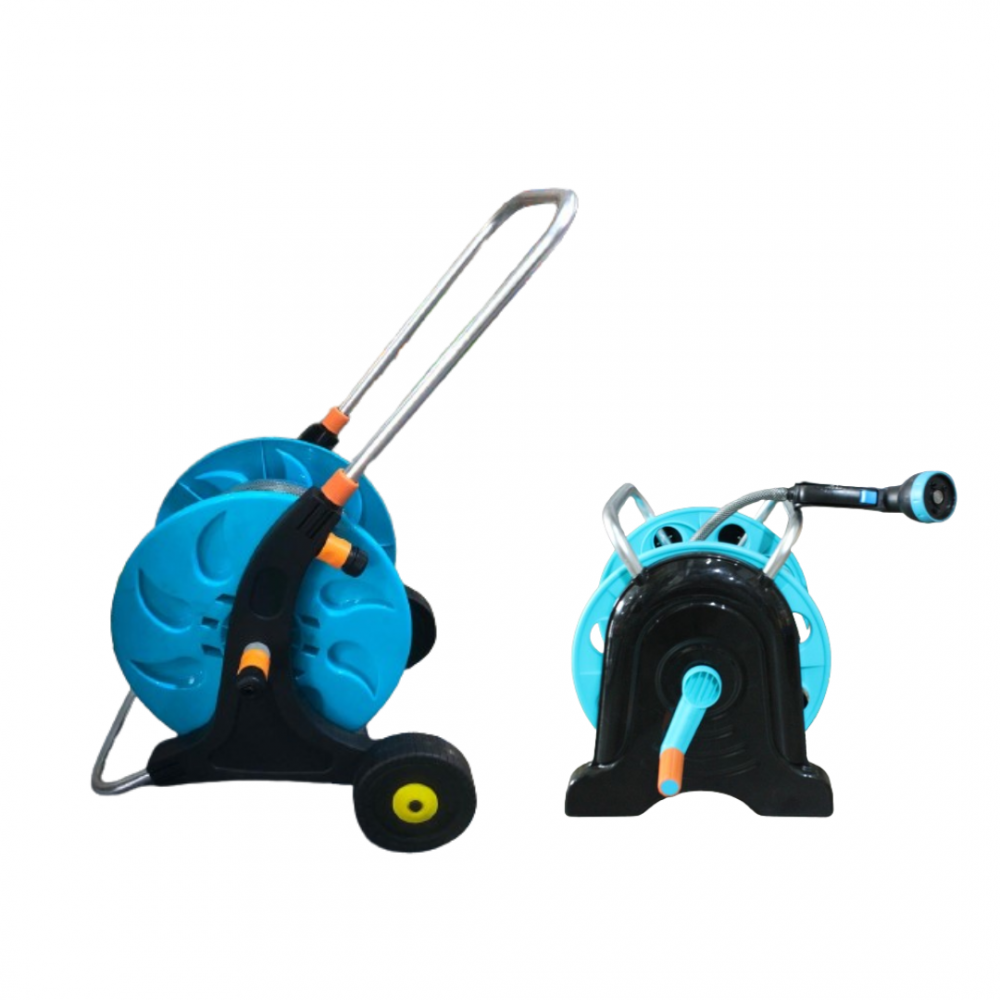 U-BEST GARDEN HOSE REEL WITH WHEELS COMES WITH 20M HOSE, HOSE GUN, 4PC NOZZLE SET HIGH STAND