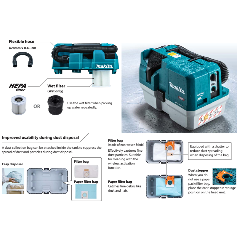 MAKITA VC014GLZ, 40V CORDLESS BRUSHLESS WET & DRY VACUUM, 7.5L, HEPA FLITER