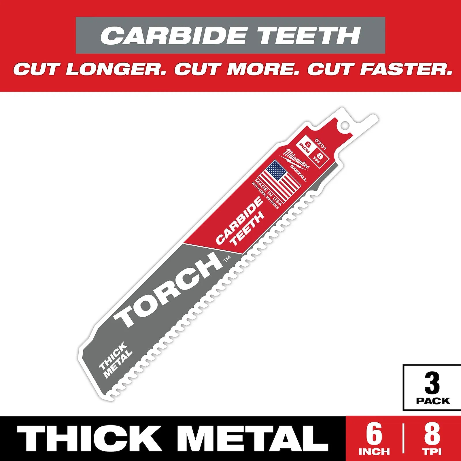 MILWAUKEE 48-47-5301 , 6" (150mm) 8TPI TORCH with Carbide Sawzall Blade for Thick Metal (3pcs) Main image