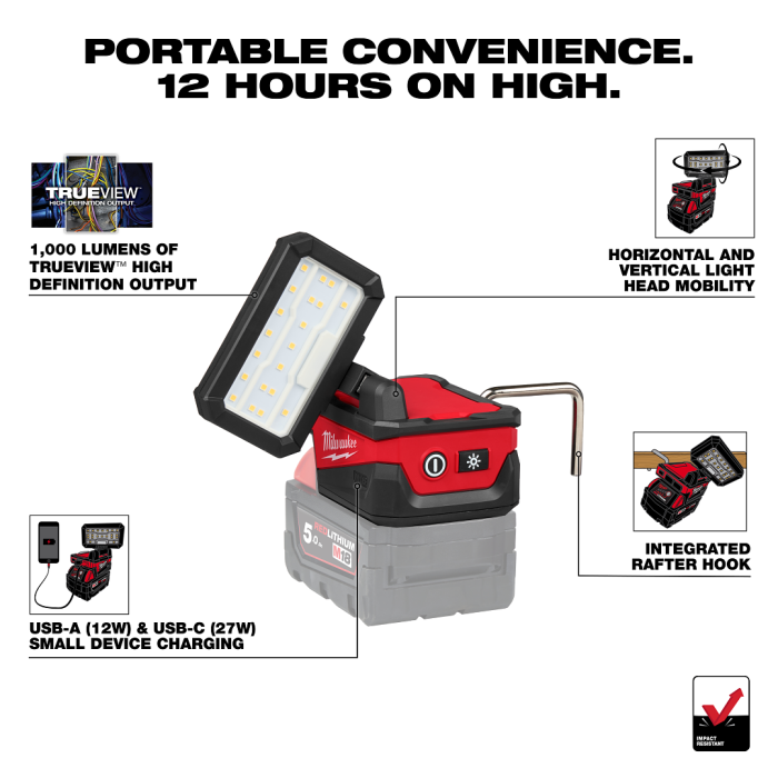 MILWAUKEE M18 ALIS-0 APJ,M18™ 1000 Max Lumens Service Area Light (BARE UNIT)