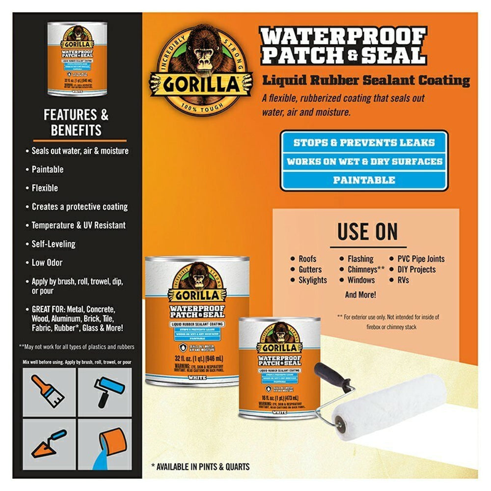 Gorilla Waterproof Patch & Seal Liquid Rubber Sealant Coating, 32oz, Clear / Black / White
