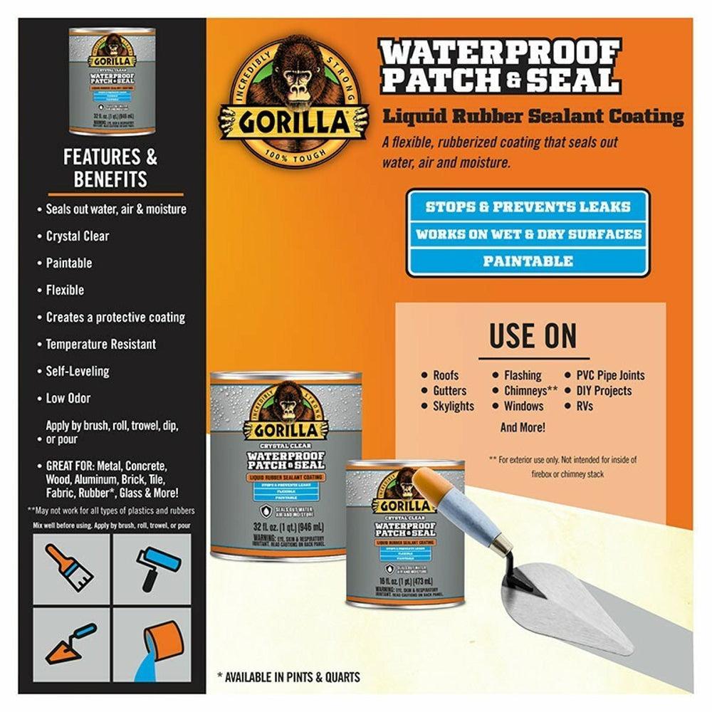 Gorilla Waterproof Patch & Seal Liquid Rubber Sealant Coating, 32oz, Clear / Black / White