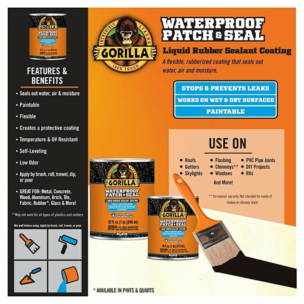 Gorilla Waterproof Patch & Seal Liquid Rubber Sealant Coating, 32oz, Clear / Black / White