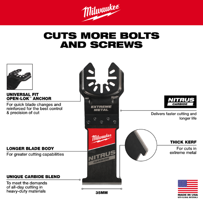 MILWAUKEE 49-25-1561 , Open-Lok™ 35mm Nitrus Carbide Extreme Metal Multi-Tool Blade